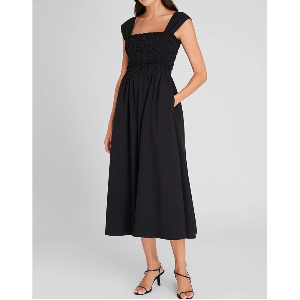 Club Monaco Black Smocked Bodice Minimalist Midi Dress Lyocell Cotton XS EUC